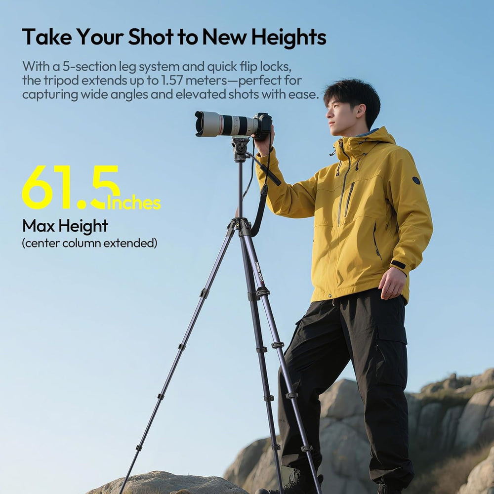 Person in yellow jacket using a camera on a tripod with text about the tripod's features.