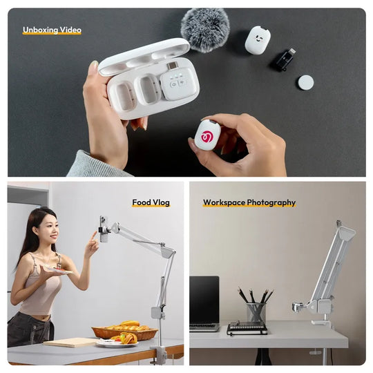 Collage of a white Ulanzi TH04 Overhead Camera Mount being used for unboxing, food vlog, and workspace photography.