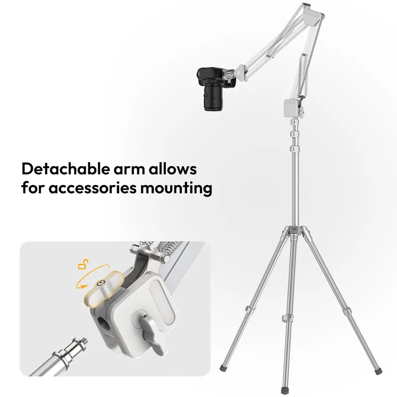 Camera stand with detachable arm and accessories mounting feature on a white background