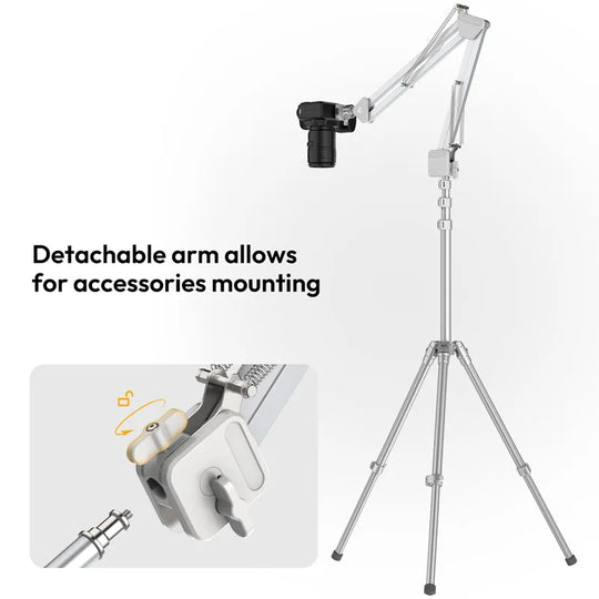Camera stand with detachable arm and accessories mounting feature on a white background