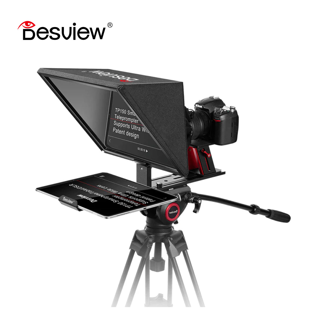 Desview teleprompter system with camera on a white background