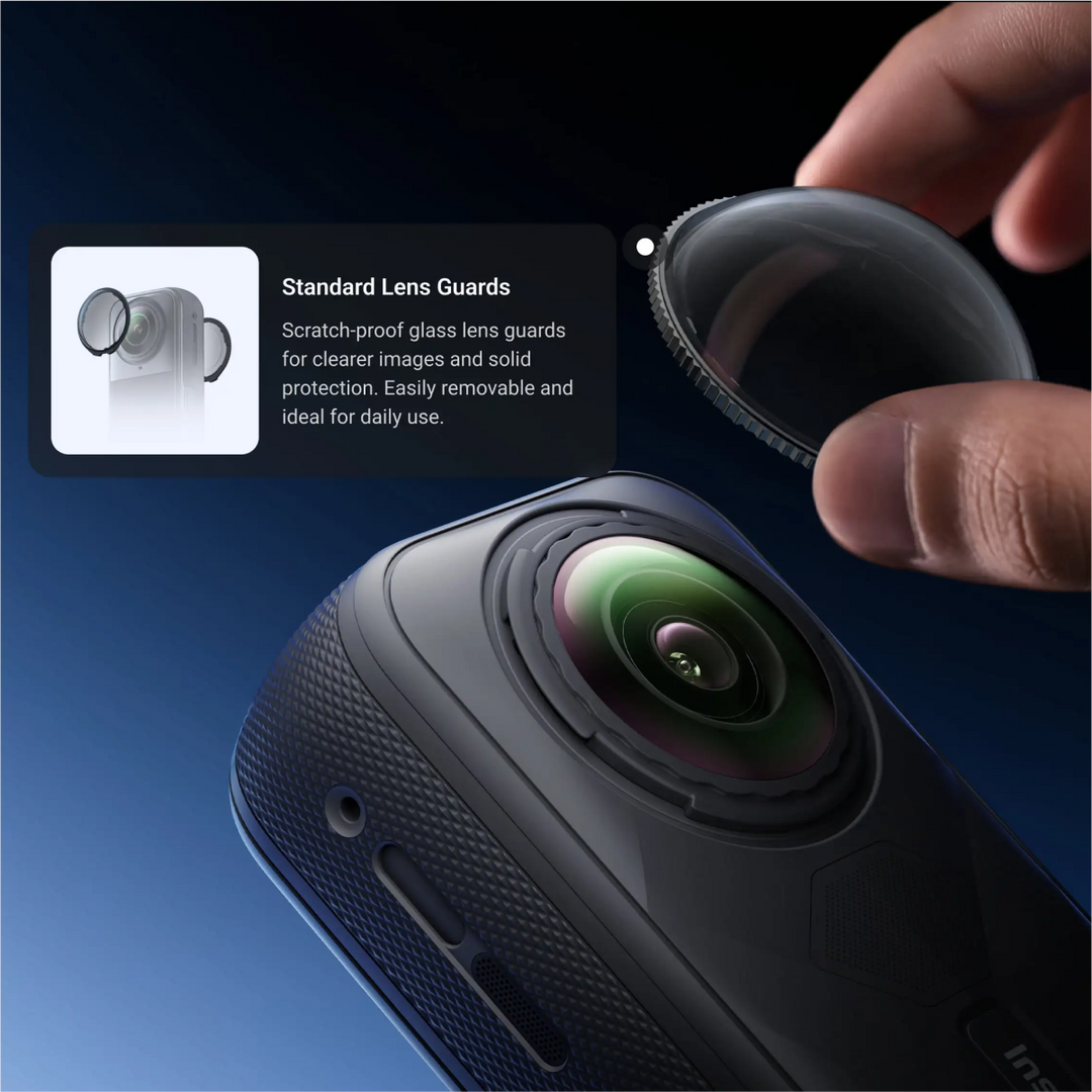 Hand placing a lens guard on a camera lens with text about standard lens guards.