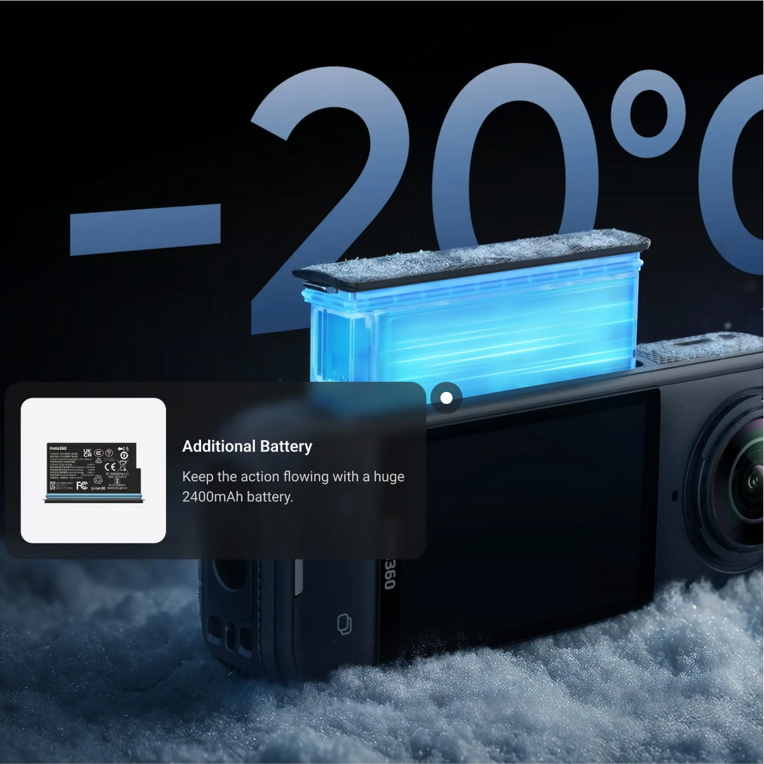 Camera with additional battery pack in cold conditions, showing低温 (-20°C) text.