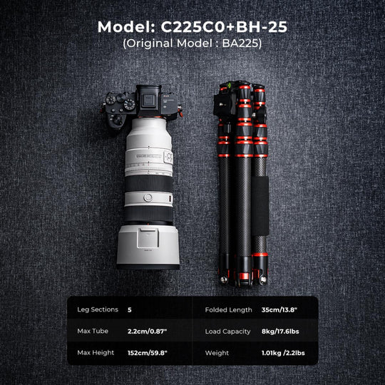 K&amp;F Concept 碳纤维相机三脚架轻型球头和可拆卸独脚架 1.5米 C225C0+BH-25 
