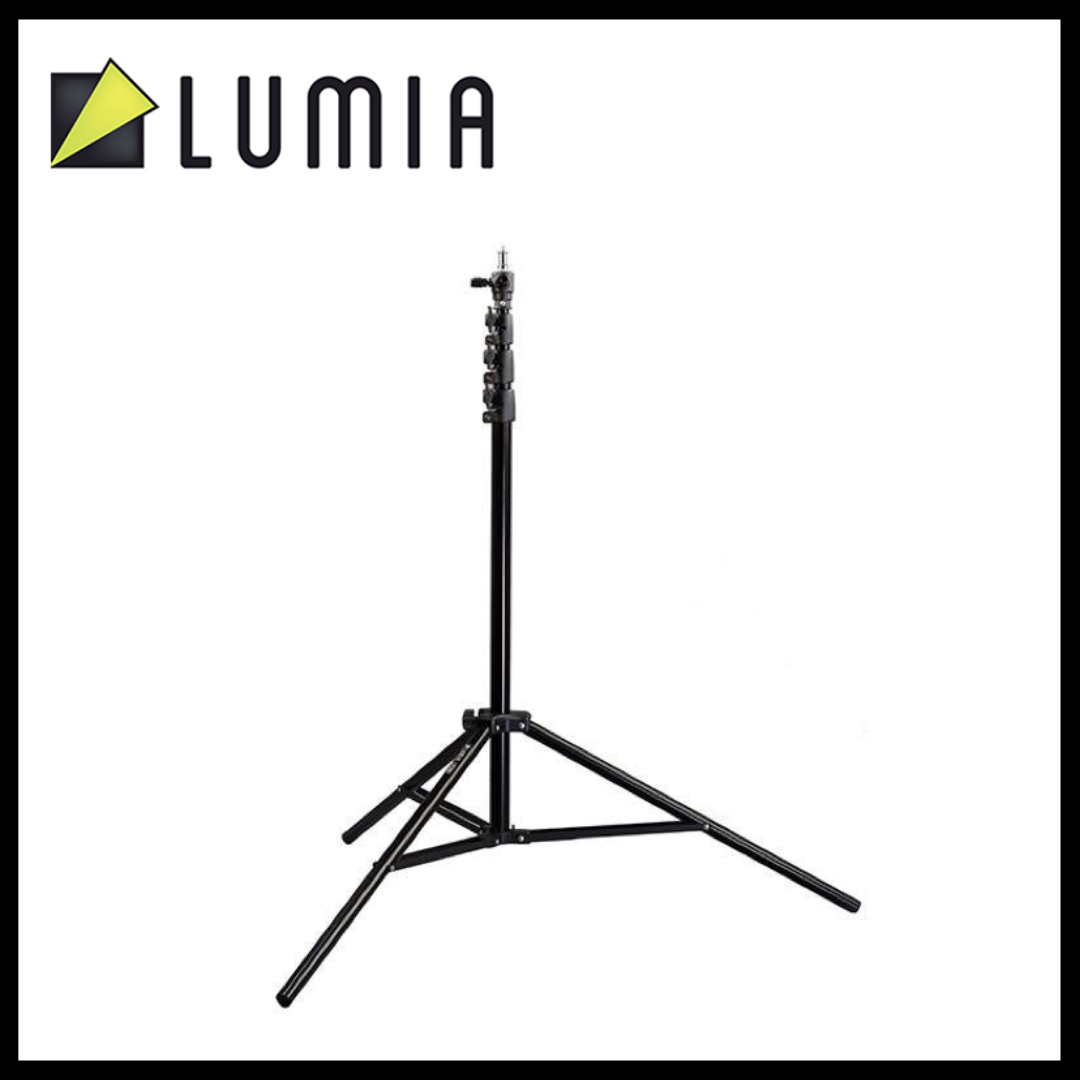 A black heavy duty light stand by Lumia, showing the full height of the stand with its tripod base and adjustable column.