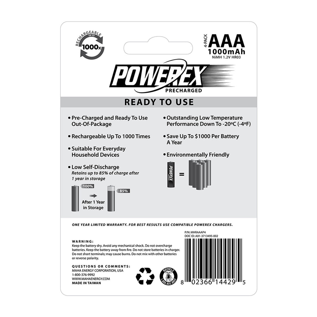 MAHA Powerex 预充电可充电镍氢电池 1000mAh AAA 电池（4 块装） 