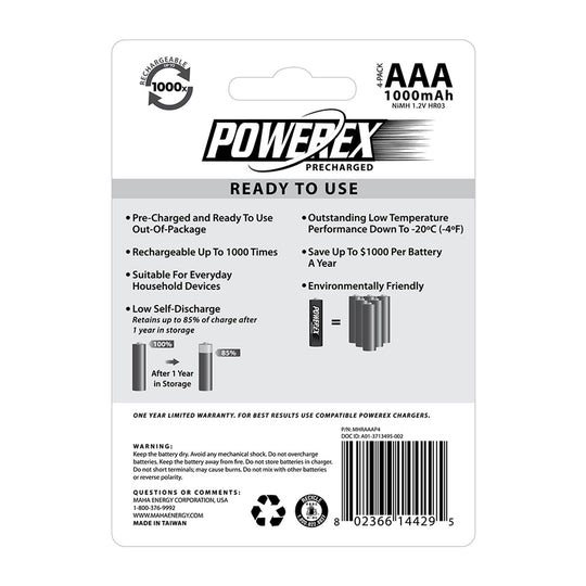 MAHA Powerex 预充电可充电镍氢电池 1000mAh AAA 电池（4 块装） 