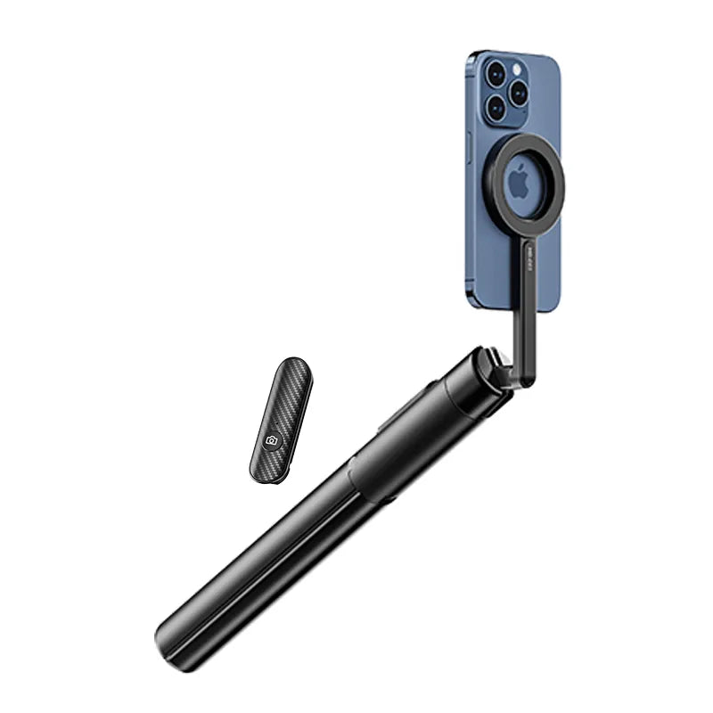 Black selfie stick with smartphone attachment on a white background
