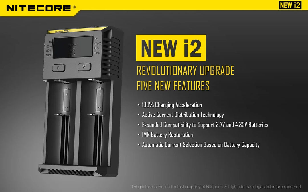 Nitecore NEW i2 2 cell Battery Charger for 18650 / AA / AAA / C / D Batteries - Red Dot Photo