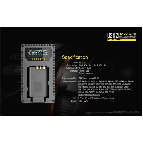 Nitecore USN2 Dual Battery USB Charger for Sony NP-BX1 - Red Dot Photo