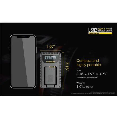 Nitecore USN2 Dual Battery USB Charger for Sony NP-BX1 - Red Dot Photo