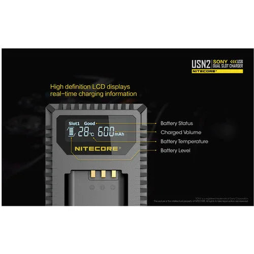 Nitecore USN2 Dual Battery USB Charger for Sony NP-BX1 - Red Dot Photo