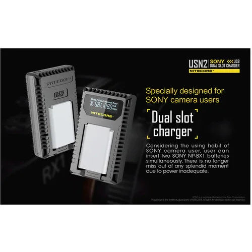 Nitecore USN2 Dual Battery USB Charger for Sony NP-BX1 - Red Dot Photo