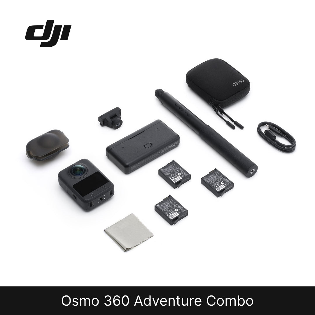DJI Osmo 360 Adventure Combo with various components on a white background