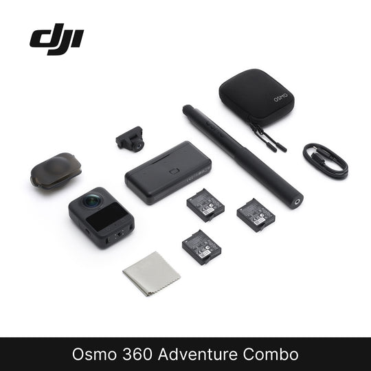 DJI Osmo 360 Adventure Combo with various components on a white background