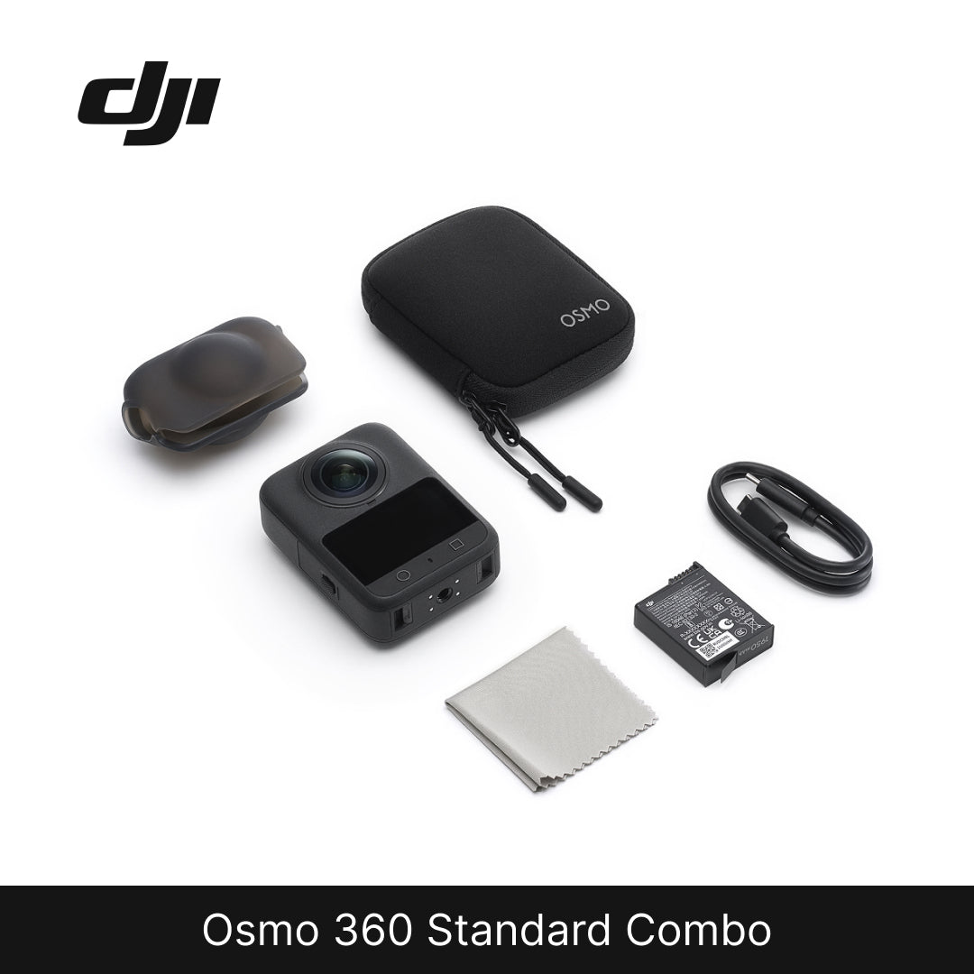 DJI Osmo 360 Standard Combo with camera, case, battery, and accessories on a white background