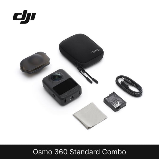 DJI Osmo 360 Standard Combo with camera, case, battery, and accessories on a white background