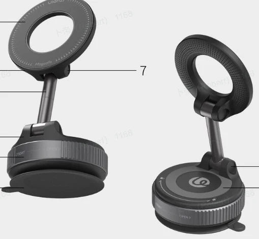 Two black ring light stands with labeled parts on a white background