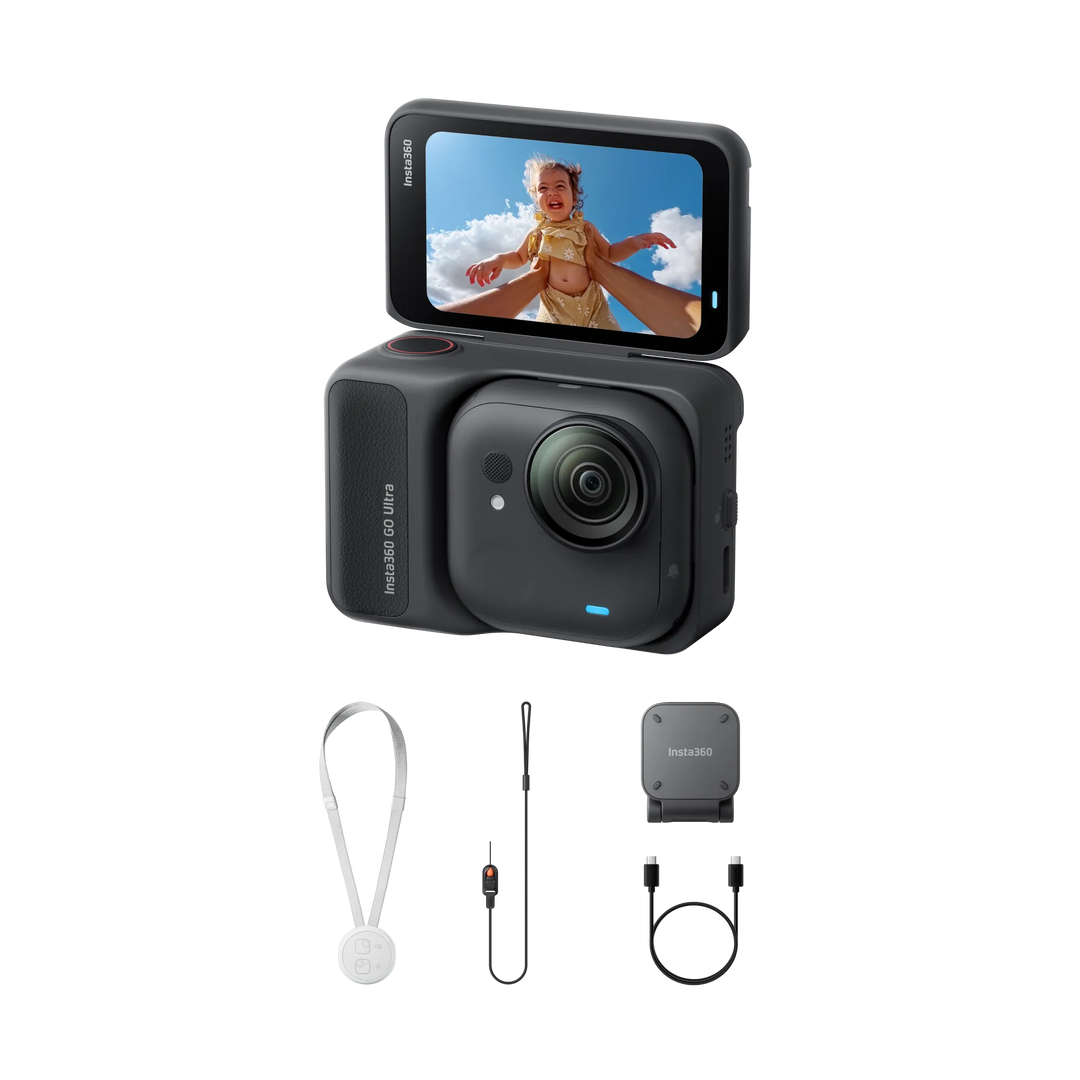 Smart camera with screen displaying a baby, accompanied by accessories on a white background
