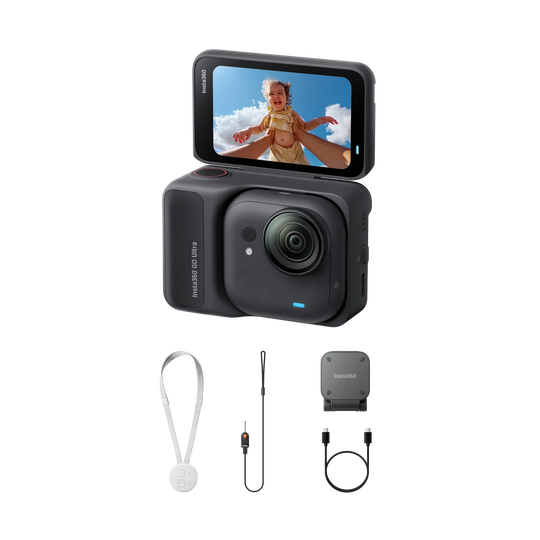Smart camera with screen displaying a baby, accompanied by accessories on a white background