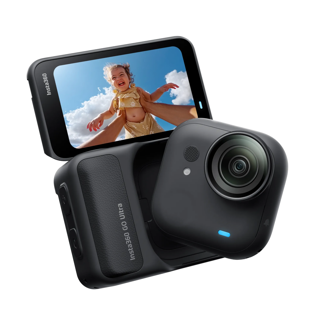 Black action camera with a screen displaying a child in a yellow outfit against a blue sky.