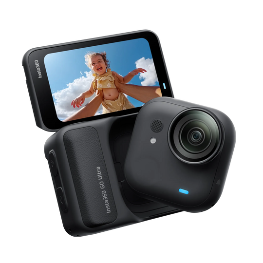 Black action camera with a screen displaying a child in a yellow outfit against a blue sky.