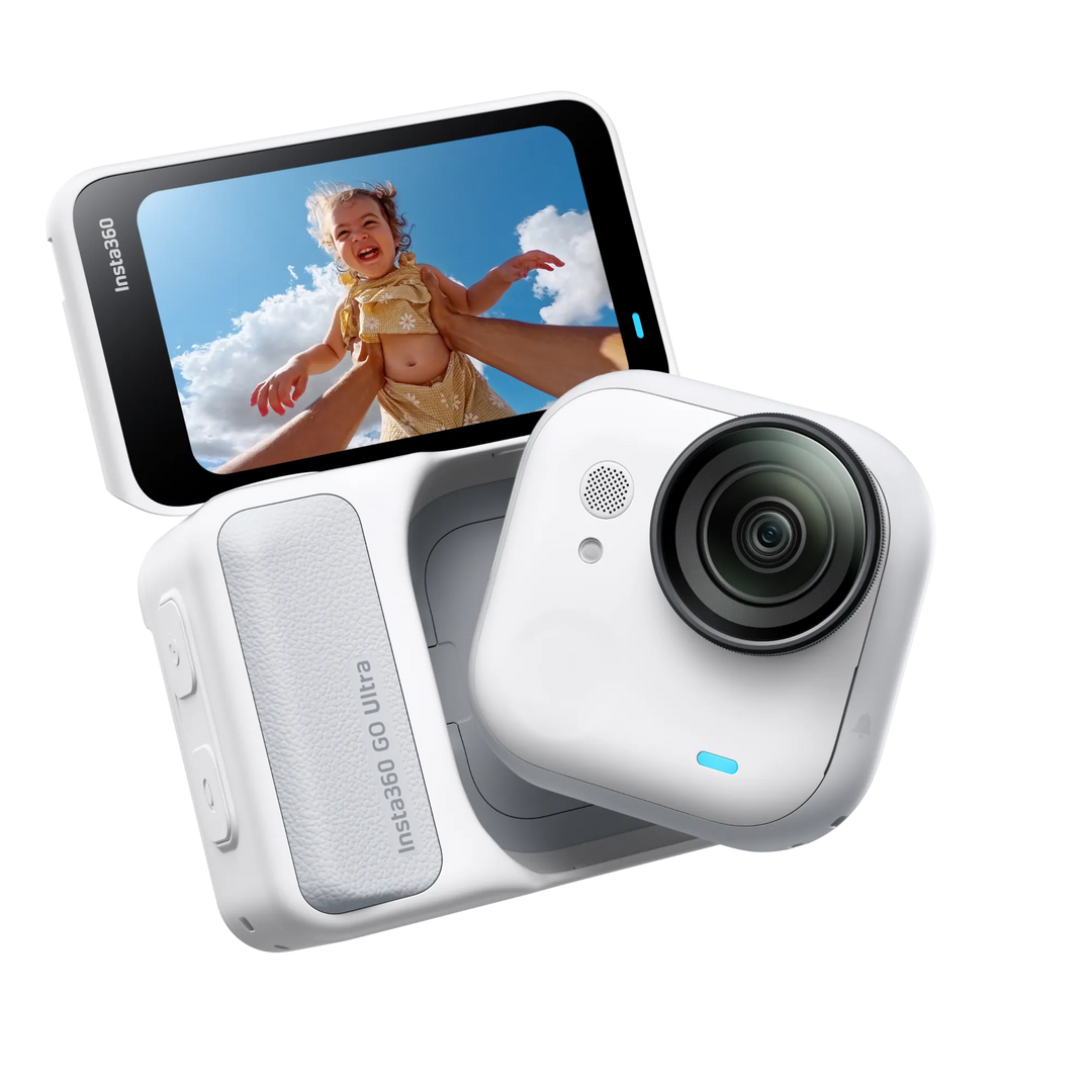 White action camera with a screen displaying a child, on a white background