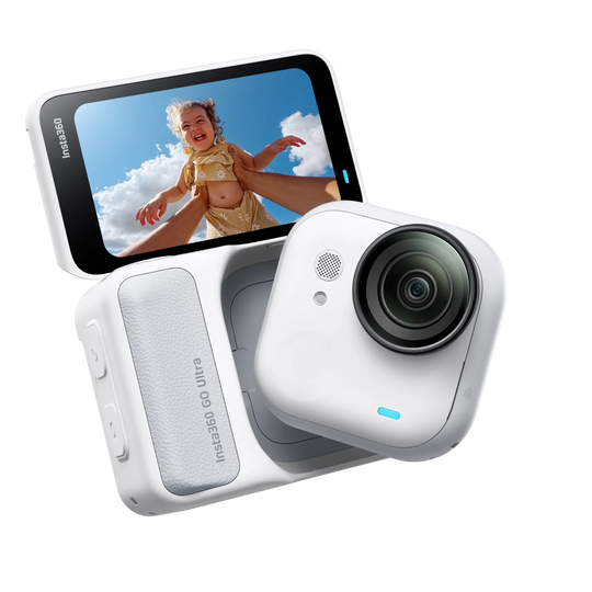 White action camera with a screen displaying a child, on a white background