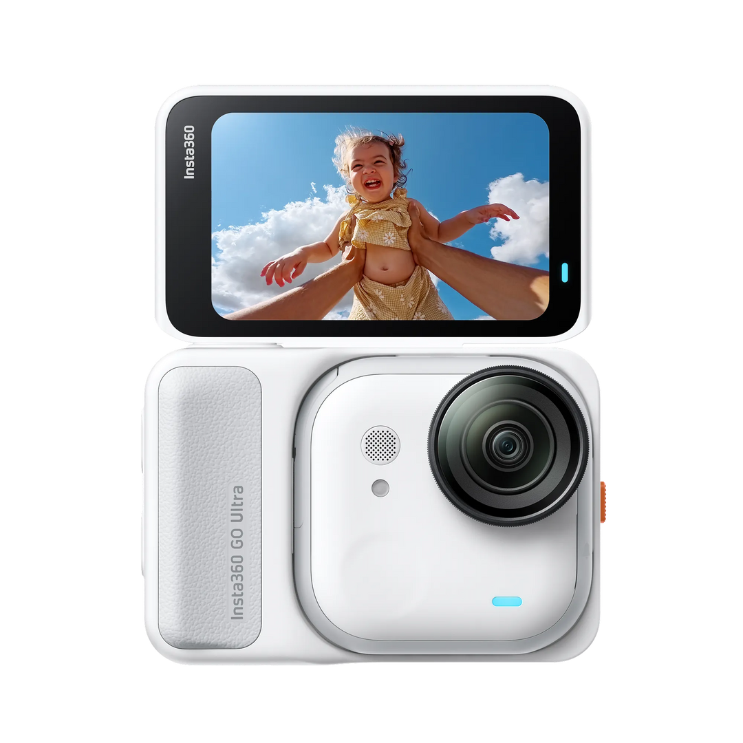 Insta360 GO Ultra camera with a screen displaying a child being held by an adult against a cloudy sky.