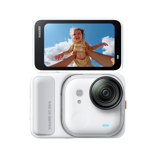 Insta360 GO Ultra camera with a screen displaying a child being held by an adult against a cloudy sky.
