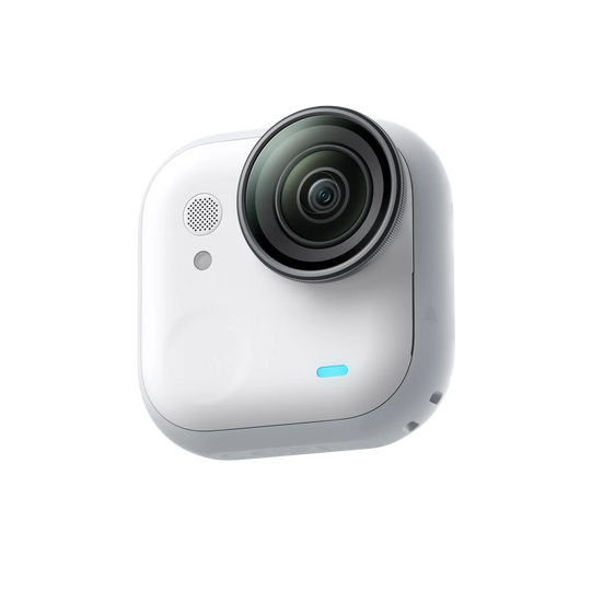 White camera with a circular lens on a white background