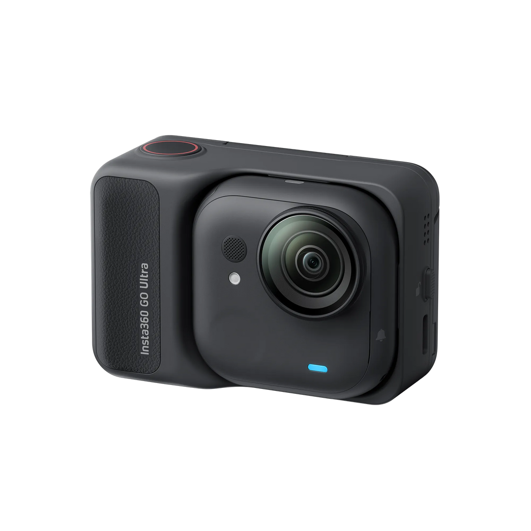Black 360-degree camera on a white background
