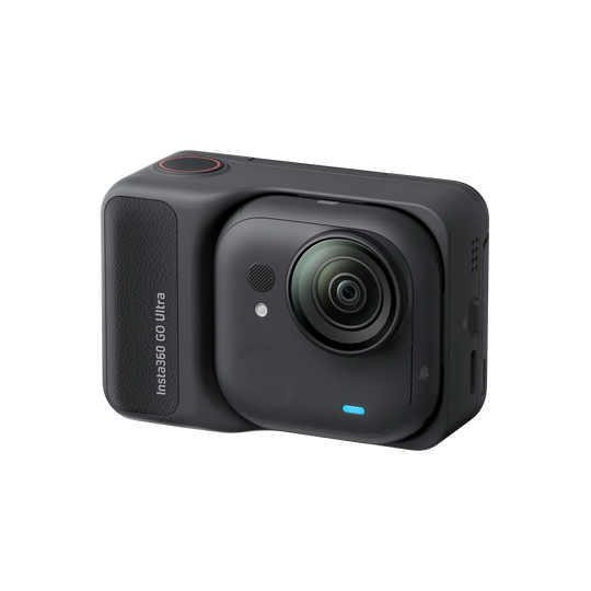 Black 360-degree camera on a white background