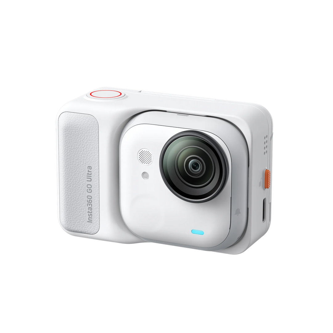 White action camera with a visible brand logo on a white background