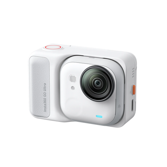 White action camera with a visible brand logo on a white background