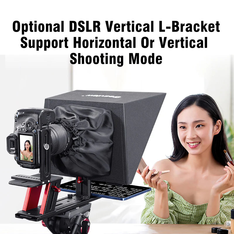 Camera with vertical L-bracket support and a woman holding a phone on a white background
