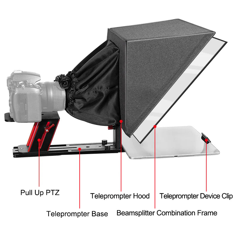 Teleprompter device with labeled parts on a white background