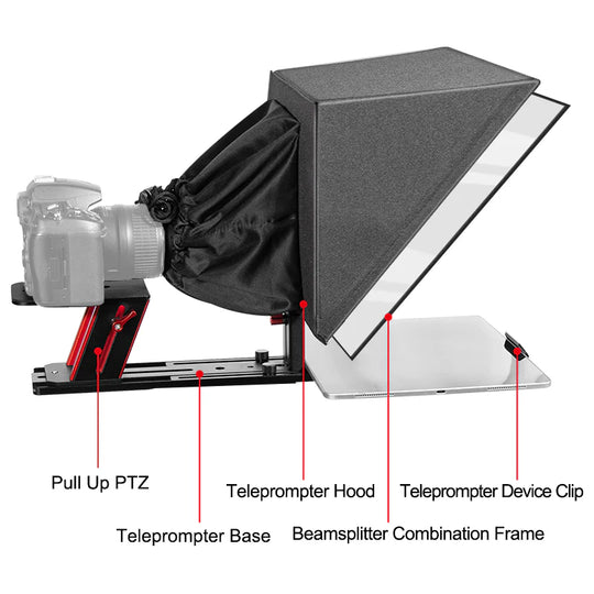 Teleprompter device with labeled parts on a white background