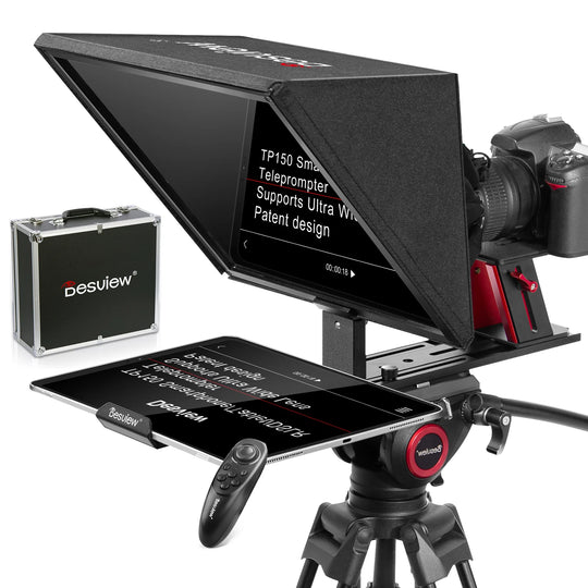 Desview teleprompter system with screen and case on a white background