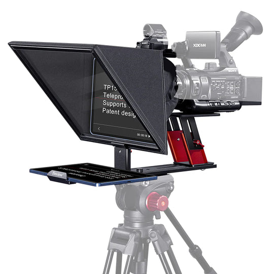 Video camera with teleprompter on a white background