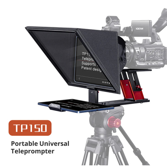 TP150 portable universal teleprompter with camera on a white background