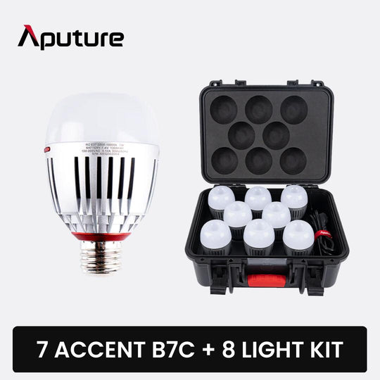 APUTURE ACCENT B7C RGBWW LED 8 灯套件，带充电盒 + 7 个 B7C LED 灯组合