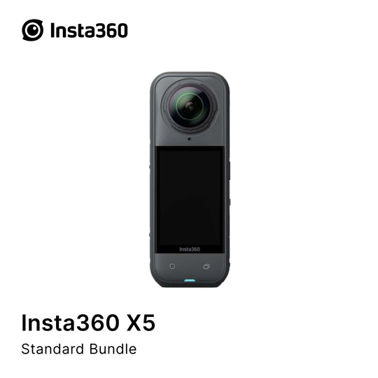 Insta360 X5 360 action camera with dual lenses, predominantly black in color.