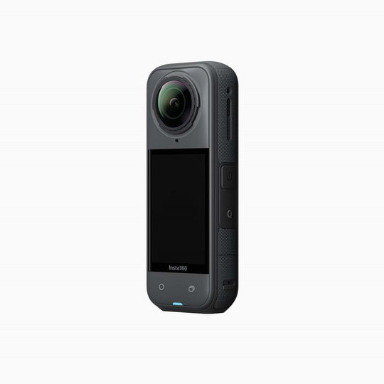 3/4 view of Insta360 X5 360 action camera with dual lenses, predominantly black in color.