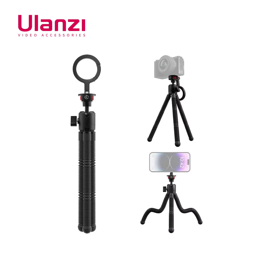 Ulanzi video accessories including a selfie stick, camera on a small tripod, and phone holder on a white background.