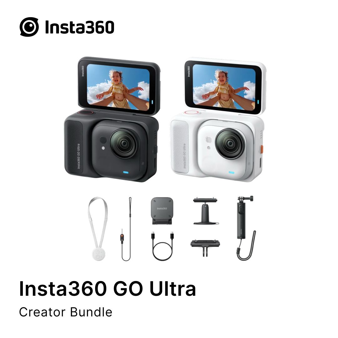 Insta360 GO Ultra Creator Bundle with two cameras, accessories, and branding on a white background.