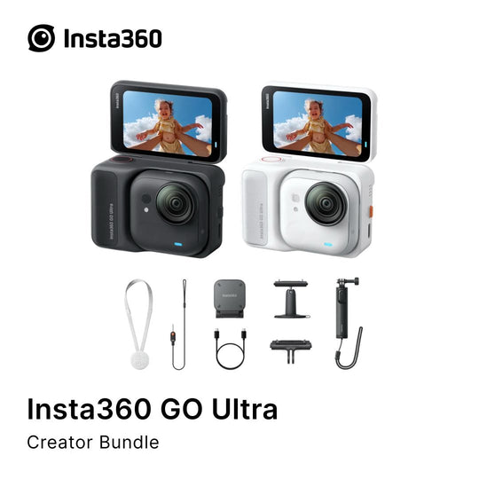 Insta360 GO Ultra Creator Bundle with two cameras, accessories, and branding on a white background.