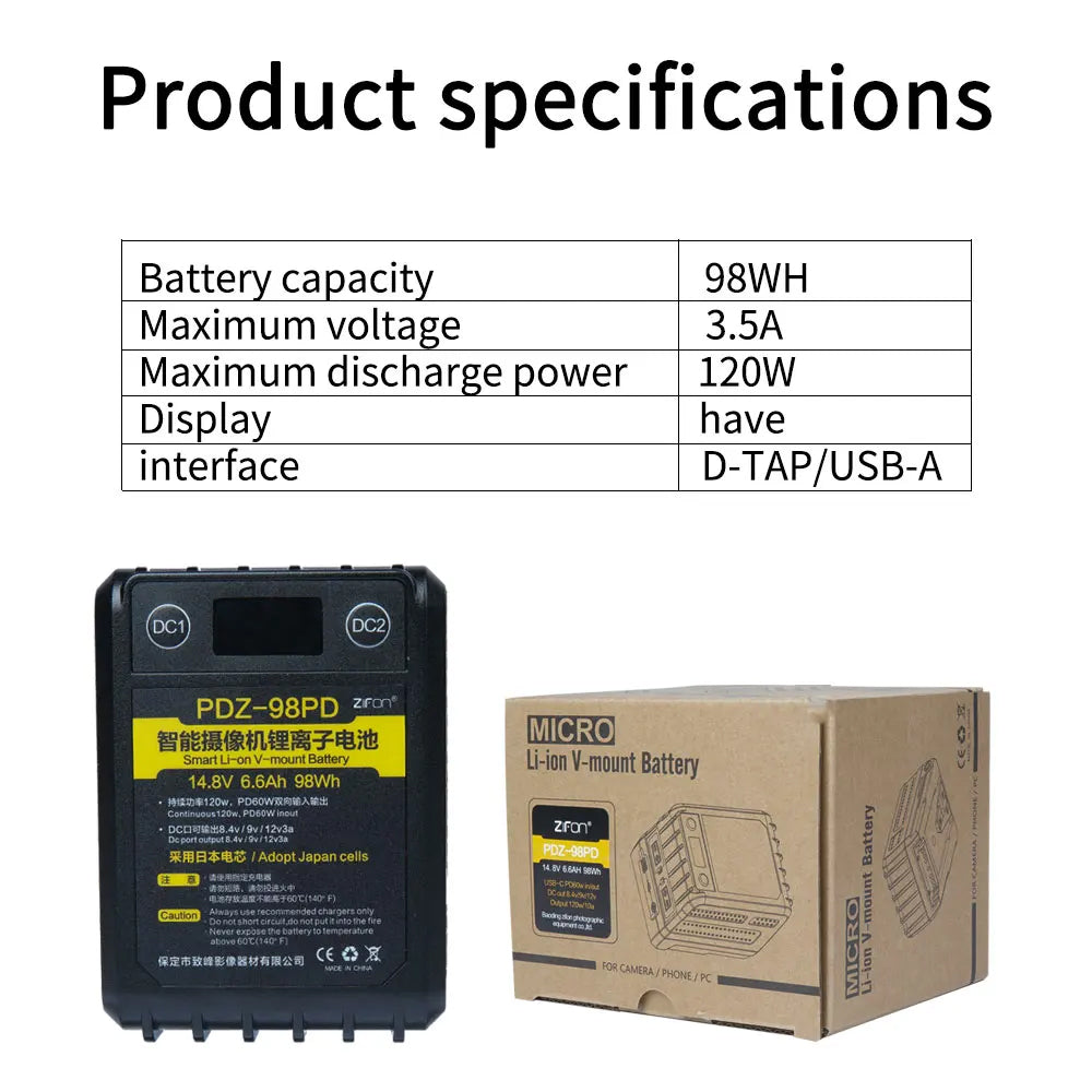 ZiFon PDZ-98PD 98Wh 14.8V V 型接口电池（适用于 Aputure）