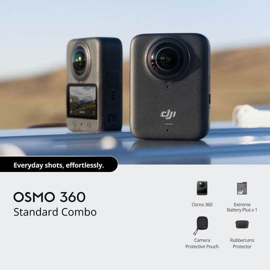 Two DJI Osmo 360 cameras on a car roof with desert landscape in the background.