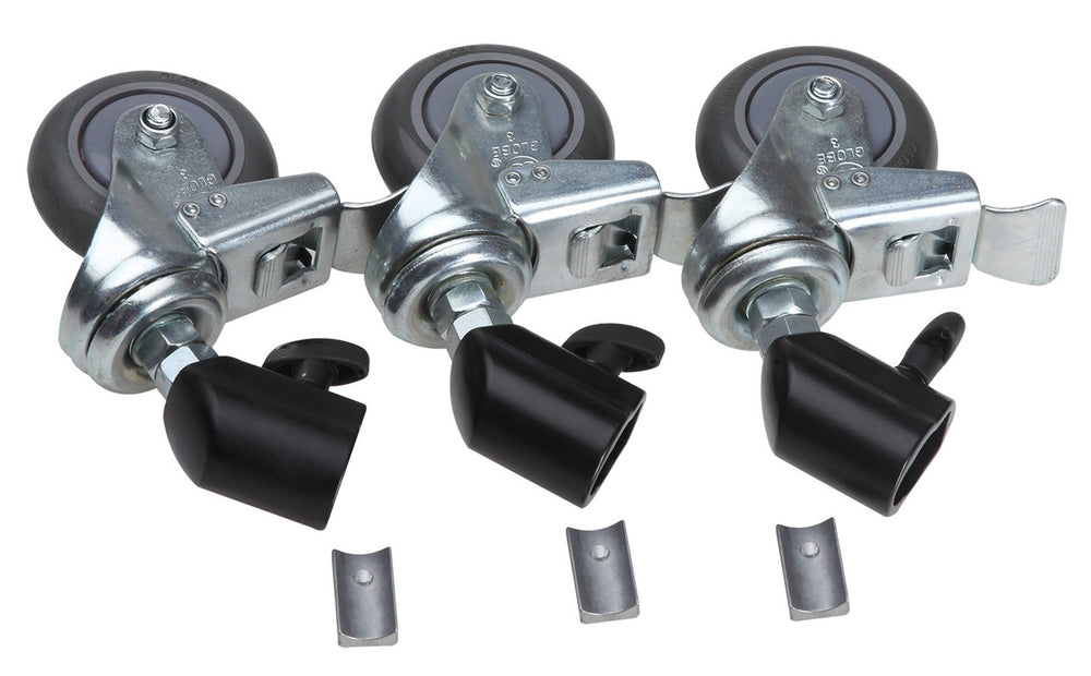 Set of caster wheels and hardware on a white background
